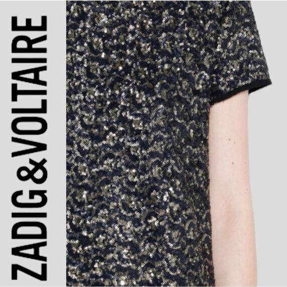 ZADIG & VOLTAIRE SILK BLEND TRUSTY SEQUIN GOLD SILVER EYELASH TRIM BOXY FIT TOP - Picture 4 of 16